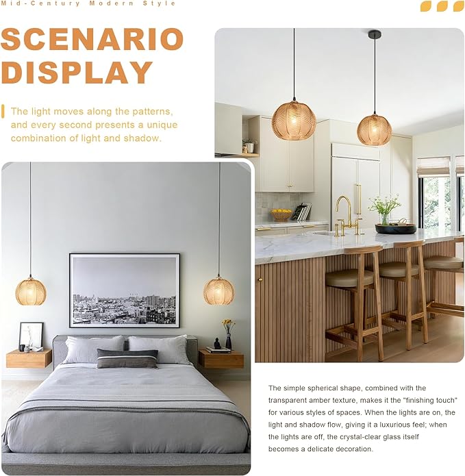 Amber Glass Pendant Lights Kitchen Island Lighting 1-Light Farmhousde Ribbed Globe Pendant Light Fixture Adjustable Gold Ceiling Hanging Lamp for Kitchen Island Dining Room Bedroom Living Room