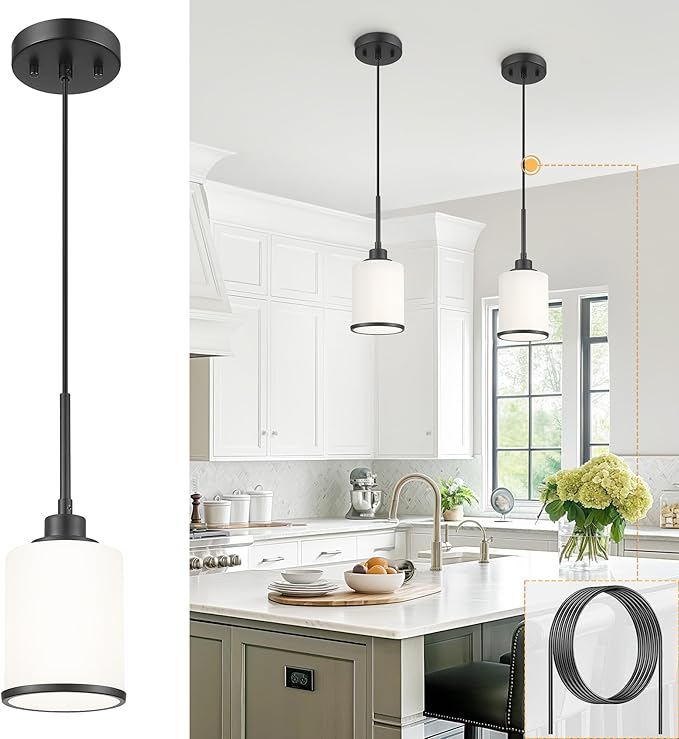 Beionxii Pendant Lights Kitchen Island, Modern Kitchen Pendant Lighting Over Island with Milk Glass, Matte Black Pendant Light Fixtures for Sink, Dining Room, Entryway, BX-PL02MB