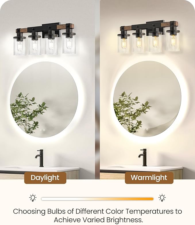 4-Light Bathroom Light Fixture, Farmhouse Vanity Lights for Bathroom with Glass Shade, Rustic Bathroom Light Fixtures, E26 Base F09BD05