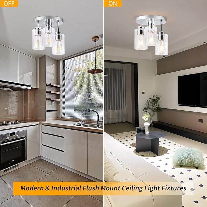 Semi Flush Mount Ceiling Light 3-Light Chrome Flush Mount Ceiling Light Fixtures with Clear Glass Shade, Modern Kitchen Ceiling Light for Bedroom Stairs Porch Hallway Entryway, E26 Socket