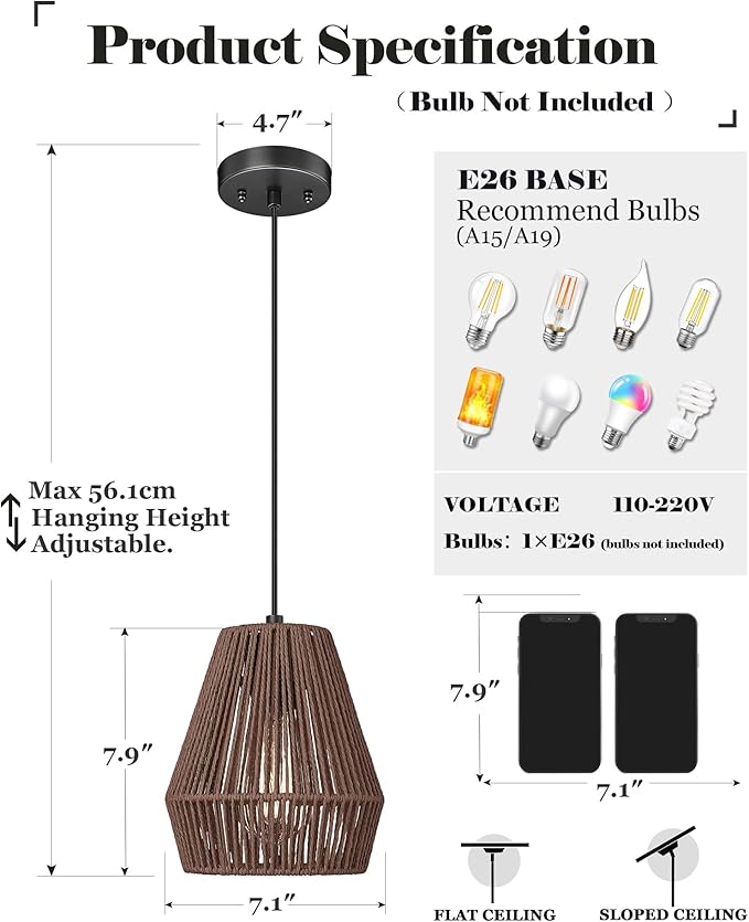 ELYONA Woven Pendant Lights 7” Rustic Rattan Hanging Lamp Adjustable Handwoven Basket Shade Boho Pendant Light Fixtures for Kitchen Island Dining Room Bedroom Farmhouse Bar Foyer Hallway Dark Brown
