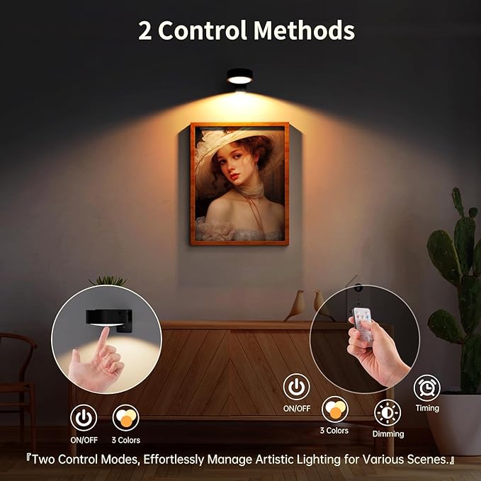 Narotood 6 Pack Picture Lights for Wall, Rechargeable Battery Operated Wall Lights, Picture Frame Lights with 3 Lighting Modes, Wireless Magnetic Painting Light with Remote Control Timer, (Black)