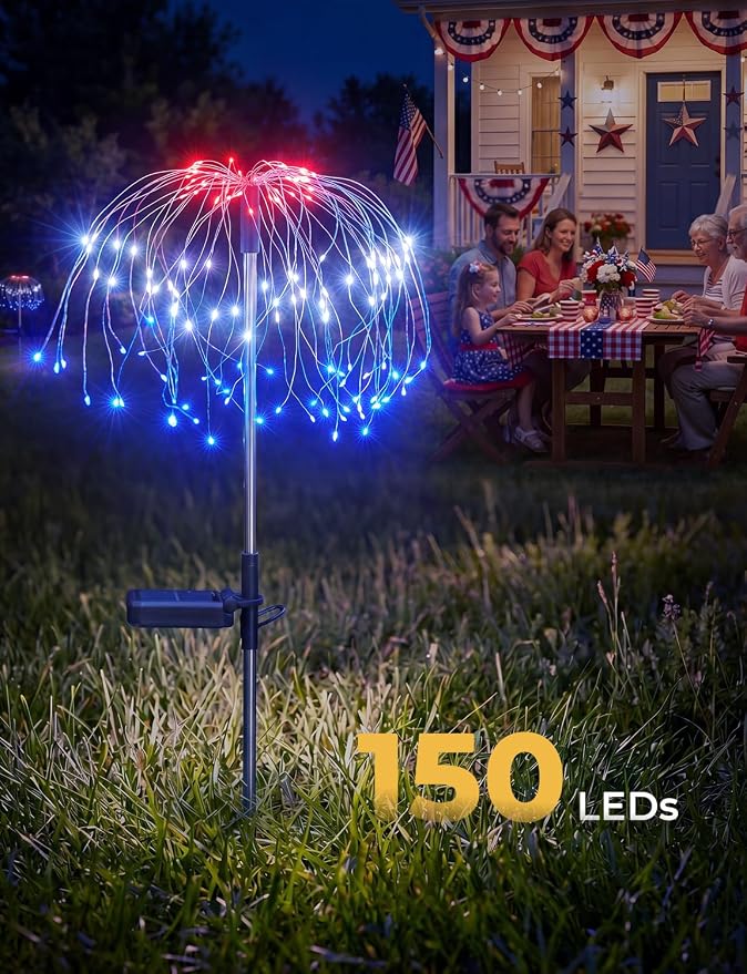 Red White Blue Solar Lights Outdoor, 4th of July Decorations, 2 Pack 150LED Solar Firework Patriotic Decor, Fourth of July Fairy Lights with 8 Modes for Yard Garden Pathway Patio Independence Day