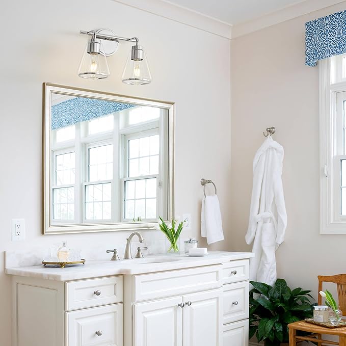 Bathroom Light Fixtures Over Mirror Polished Nickel Vanity Light 2-Lights Bathroom Vanity Lights with Clear Glass Shade 14 inch Vanity Lighting Fixtures Modern Wall Sconces Bath Light
