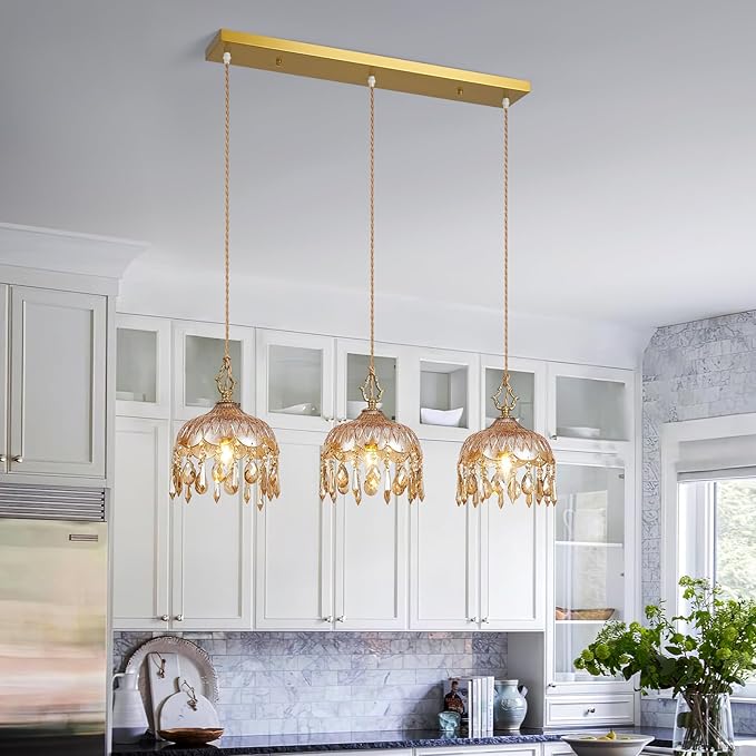 3-Light Glass Pendant Light Crystal Hanging Light Fixtures,Brass Vintage Amber Glass Pendant Lights for Kitchen Island Dining Room Living Room Bedroom Hallway(Amber,Long Chassis)