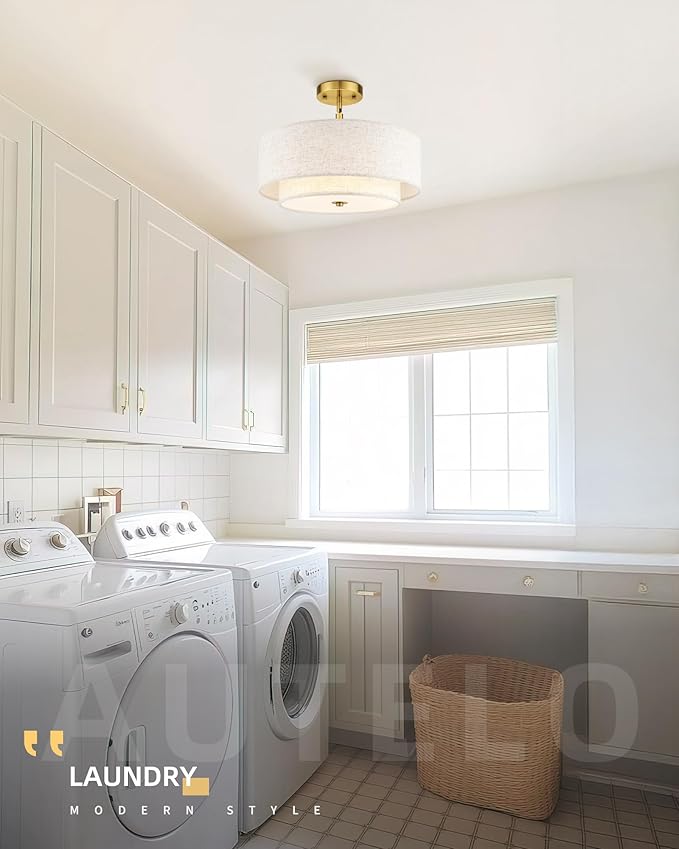 AUTELO Gold Semi Flush Mount Ceiling Light, 3-Light 16" Ceiling Light in Brushed Gold Finish with Drum Fabric Shade for Hallway Bedroom Kitchen, C2506 BG-16