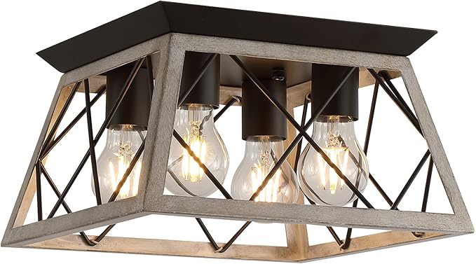 Q&S Farmhouse Ceiling Light Oak Semi Flush Mount Vintage 4-Light Square Rustic Island Light Fixtures for Entryway Hallway Dining Room Living Room Bedroom
