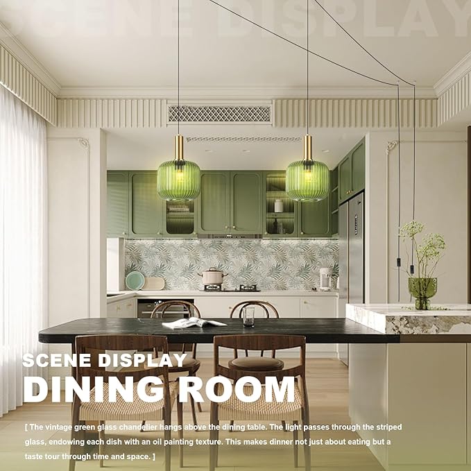 Plug in Pendant Light 2 Pack Green Glass Hanging Lamp Plug in Hanging Light Fixture with Cord 14.7 ft, Mid Century Modern Gold Pendant Lighting for Kitchen Island Dining Room Bedroom Set of 2