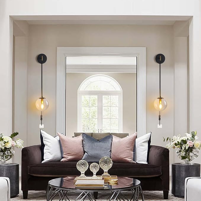 KUZZULL Wall Sconces Set of Two Black and Brass Plug in Wall Sconces Set of 2 with Globe Clear Glass Shade Wall Lights Wall Lamps for Bedrooms Sconces Wall Decor Set of 2 with Plug in Cord Switch