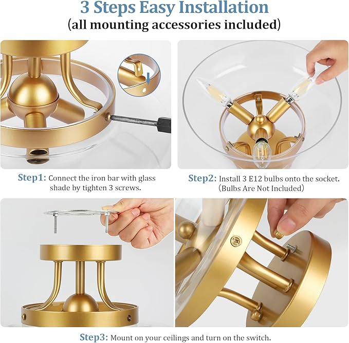 TOBUSA 3-Light Gold Semi Flush Mount Light Fixture, Modern Ceiling Light with Drum Glass Shade, Golden Ceiling Lamp for Living Room Kitchen Bedroom Hallway Bathroom Laundry, E12 Socket, No Bulbs