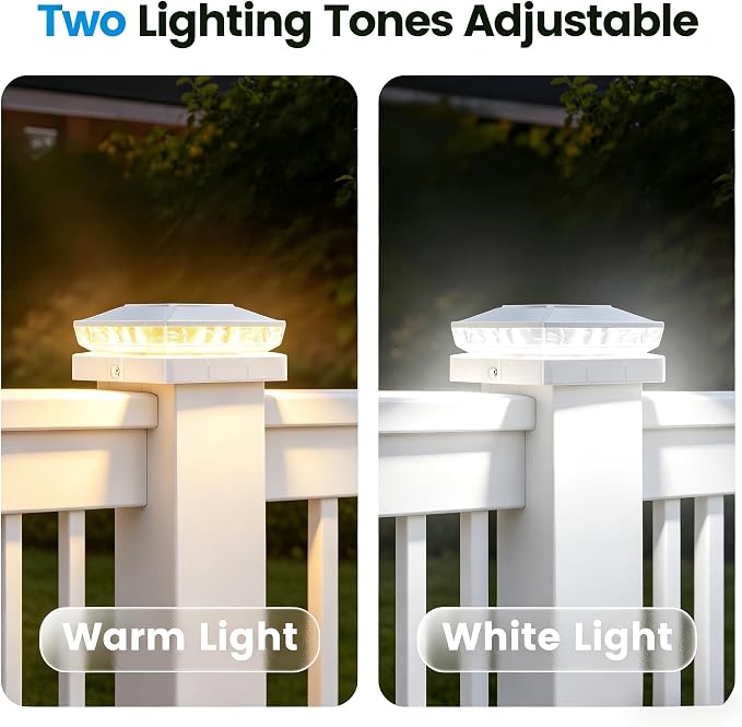 Solar Post Cap Lights 2 Pack, IP65 Waterproof Outdoor Fence Post Solar Lights for 3.5x3.5 & 4x4 Wood/Vinyl Posts, 10-12 Hours Upgraded Warm/Cool White Glow for Garden/Patio/Porch - Ivory White