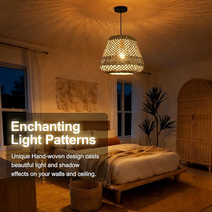 13.8" Rattan Pendant Light,Boho Hand Woven Wicker Hanging Light Seagrass Rattan Chandelier for Dining Living Bedroom Farmhouse Kitchen