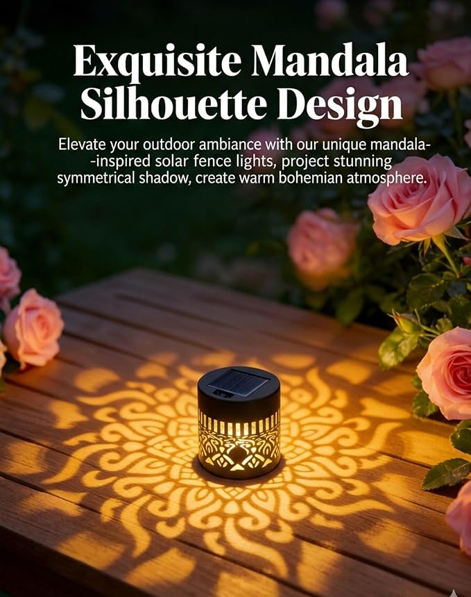 Decorative Solar Mandala Lights, 2027 New Solar Mandala Lights Outdoor, Waterproof Metal Solar Fence Lights, Warm White LED Shadow Projector, Solar Powered Garden Decor for Patio, Porch, Wall (3set)
