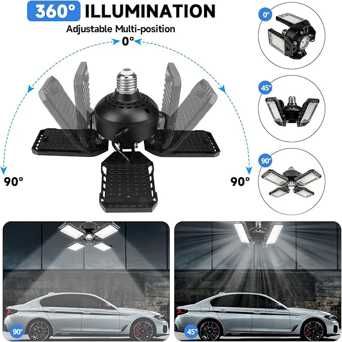 LED Garage Lights Bulb 2 Pack -120W, 12000LM 6500K Led Shop Light with 4+1 Deformable Panels, Basement Barn Light Garages Ceiling Lights, E26/E27 for Garage, Warehouse, Shop