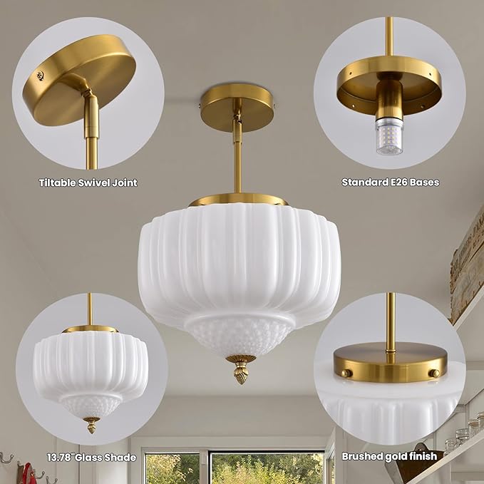 Glass Pendant Light, 13.78 inch Pendant Light Fixture with Milky White Floral Lightshade, Height Adjustable Brushed Gold Vintage Hanging Lamp for Dining Room Kitchen Island Bedroom Livingroom Entryway