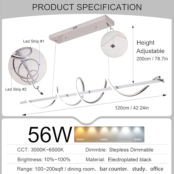 Modern LED Pendant Light Fixture,47.24inch Modern Chandelier Light Fixtures Dimmable with Remote 3000K-6500K Adjustable Color Temperature Brightness