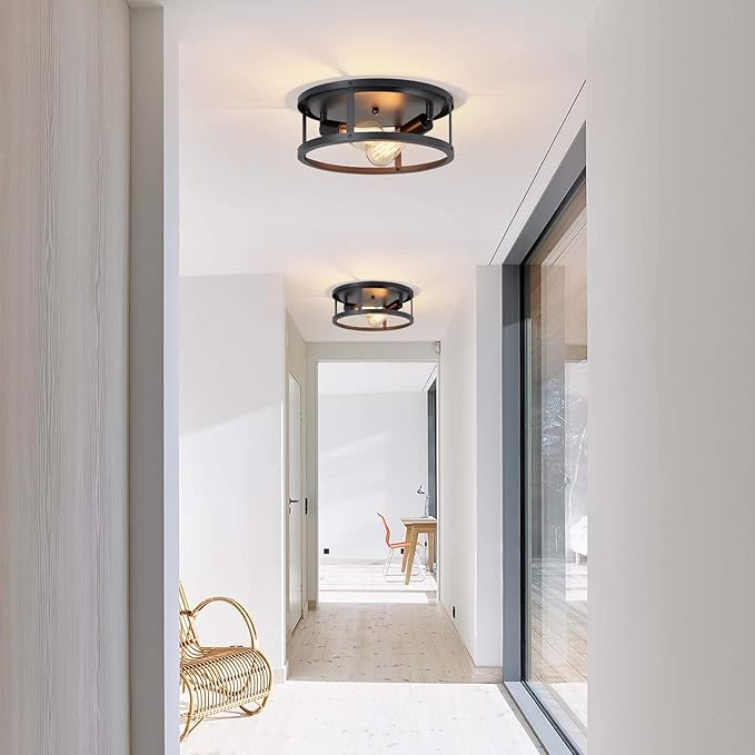 2 Pack Flush Mount Ceiling Light,13 Inch Industrial Farmhouse Ceiling Light Fixture,2-Light Matte Black Flush Mount Light Fixture for Kitchen Dining Room Entryway Hallway,E26 Base