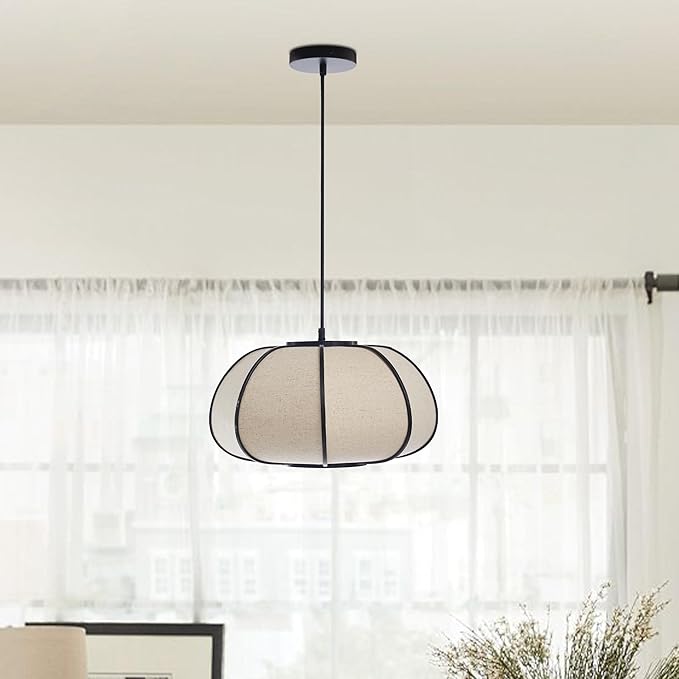 15" Bamboo Pumpkin Pendant Light, Adjustable 71" Hanging Lamp with Boho Japandi Fabric Shade, Ceiling Light for Dining Room, Kitchen, Bedroom, E26 Base (Black Color)