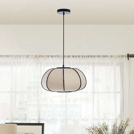 15" Bamboo Pumpkin Pendant Light, Adjustable 71" Hanging Lamp with Boho Japandi Fabric Shade, Ceiling Light for Dining Room, Kitchen, Bedroom, E26 Base (Black Color)