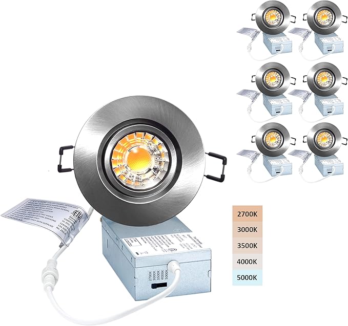 POPANU Premium Canless Recessed Gimbal Downlight Rotatable-Spotlight 5 CCT Eyeball Ceilling Potlight, Dimmable Lights Fixture with Junction Box, 8W CCT Adjustable (Brushed Nickel, 3 Inch)