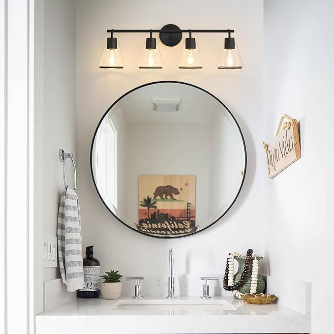 Black Bathroom Light Fixtures 4 Light Bathroom Vanity Lights Over Mirror with Clear Glass Shade, 30 Inch Vanity Lights for Bedroom Modern Wall Sconce Lighting (Exclude E26 Bulb)