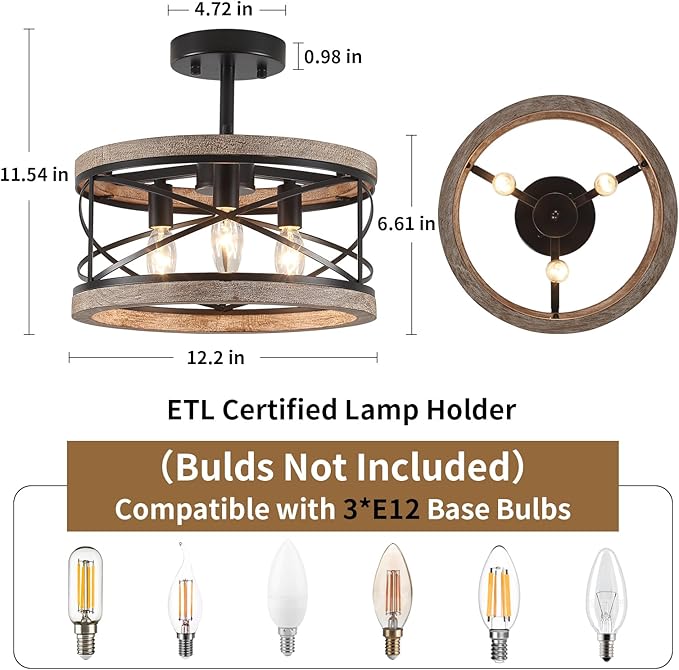 Farmhouse Flush Mount Ceiling Light Fixture, 3-Light Rustic Ceiling Lights Round Drum Metal Industrial Entryway Light Fixture for Hallway Living Room Bathroom Dining Room Kitchen