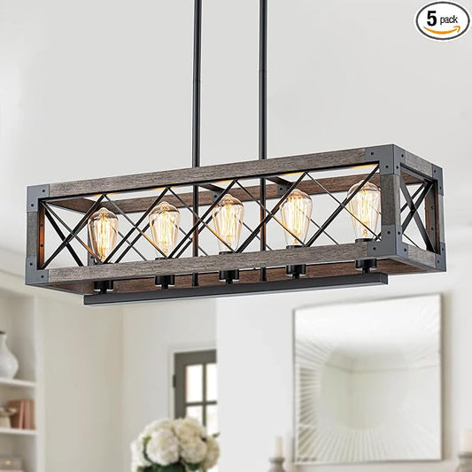Lingkai Kitchen Island Lighting, 32 Inch 5 Light Farmhouse Linear Chandelier Dining Room Pool Table Pendant Light Fixtures, Rustic Wood Grain Finish