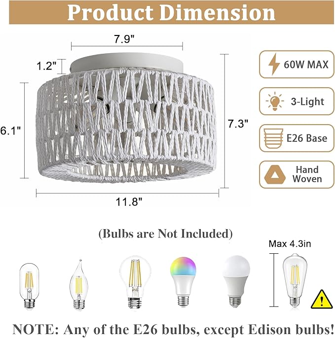 Rattan Light Fixtures Ceiling Mount, 3-Lights Boho Flush Mount Ceiling Light, Hand-Woven Cage Shade Lamp Lighting, Rustic Rattan Chandelier for Hallway Bedroom Kitchen Farmhouse Foyer Entryway (White)