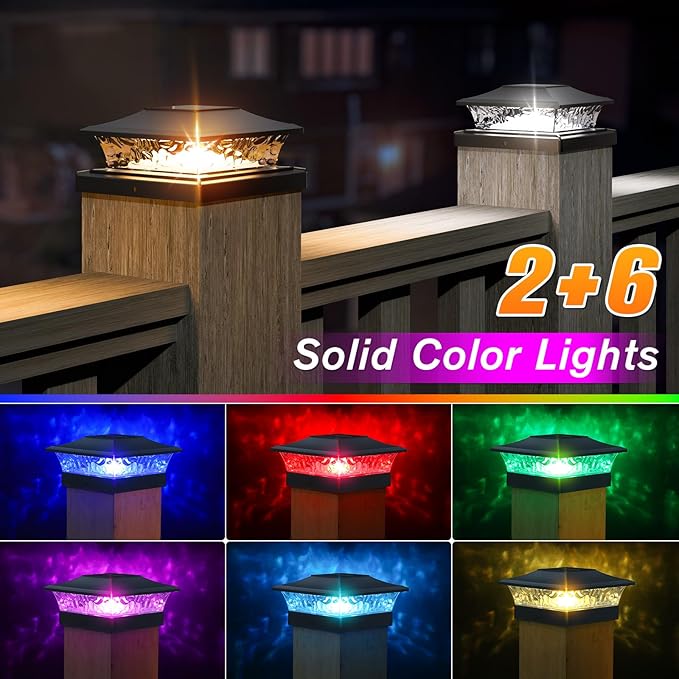 APONUO Solar Post Cap Lights with 8 RGB Solid Colors & Multicolor Flow - 8 Pack 6x6 Post Cap Solar Light, IP65 Waterproof - Fits 4x4 5x5 6x6 Wood & Vinyl Posts - Black