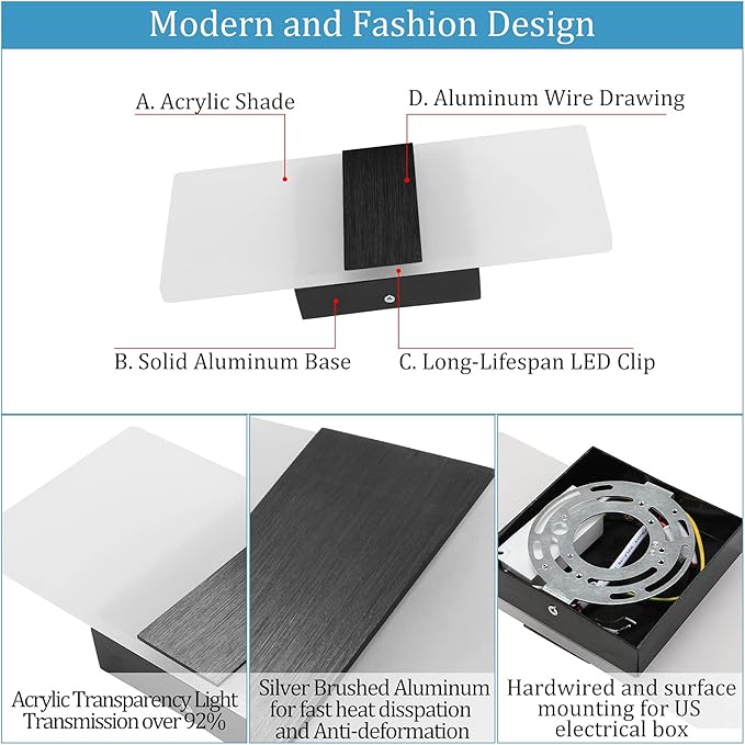 Lightess Modern Wall Sconce Dimmable Sconce Wall Lighting 12W Black Indoor Wall Lamp Acrylic Wall Mounted Lighting Fixture for Bedroom Living Room Hallway, Cool White