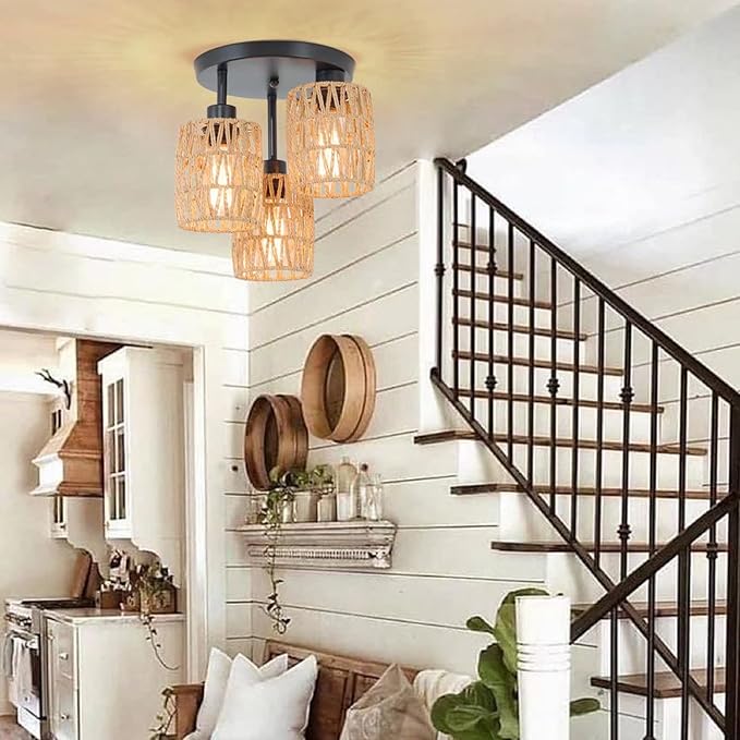 3-Lights Woven Rattan Ceiling Light Fixture,Farmhouse Hand-Woven Cage Semi Flush Mount Light, Boho Coastal Natural Basket Close to Ceiling Light for Bedroom Hallway Corridor Nursery