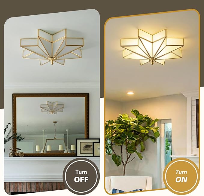 Star Brass Vintage Ceiling Light - 19.7 in Large Milk Glass Antique Brushed Gold Flush Mount Fixture, Mid Century Art Deco Overhead Lighting for Kitchen Hallway Bedroom Bathroom Laundry Entryway Hall