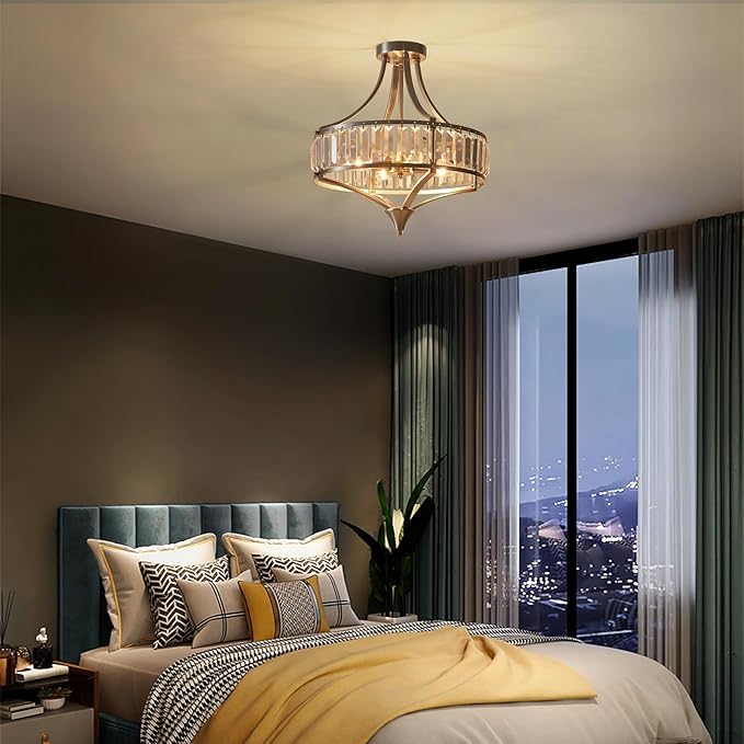 Brushed Nickel 4-Light Crystal Semi Flush Mount Ceiling Light Fixture Rustic Farmhouse Ceiling Lighting with Round Metal Shade Chandelier for Dining Room, Hallway, Bedroom, Foyer