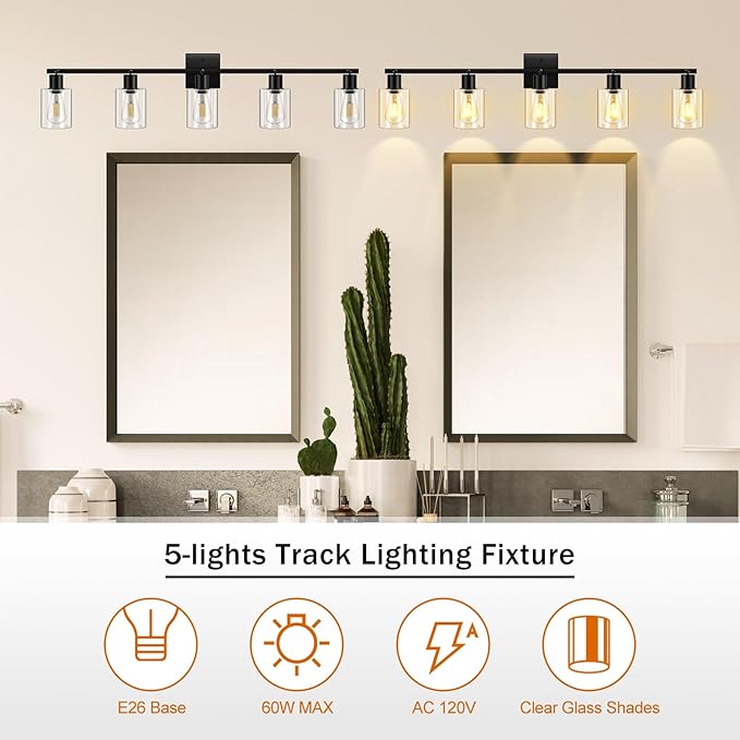 5-Light Track Lighting Fixtures with Clear Glass Shade, Modern Kitchen Lighting Fixtures Ceiling, Rotatable Track Head, Wall Mount Track Light for Bedside Vanity Hallway Bedroom, Matte Black