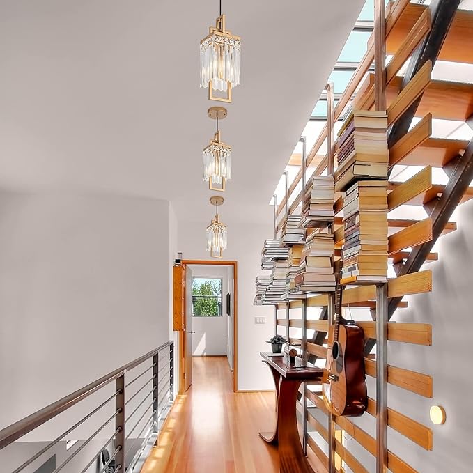 Modern Gold Pendant Light Fixtures for Kitchen Island and Dining Room, Industrial Small Hanging Crystal Chandelier Light Fixture for Bedroom Entryway Living Room Foyer Hallway 1-Pack