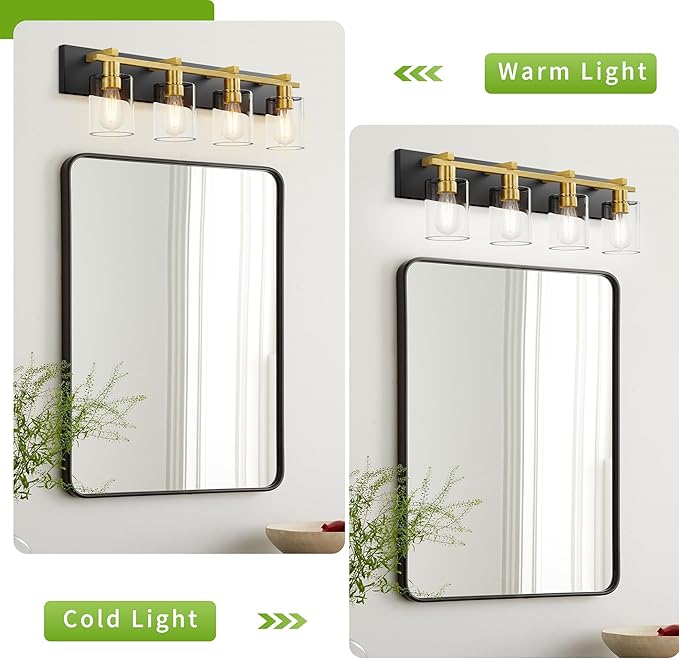 Espird Bathroom Vanity Light,4 Light Matte Black and Gold Light Fixture with Thickened Clear Glass Shade, 30 inch Modern Wall Sconce, Bathrooms Vanity Light Over Mirror for Bathroom