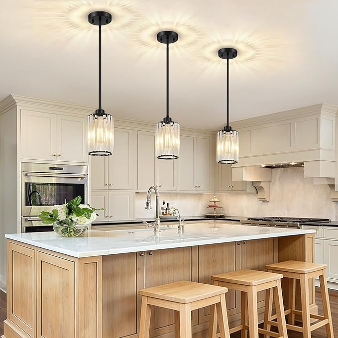 MQMQA 3 Pack Matte Black Pendant Lights Kitchen Island, Modern Crystal Chandelier Kitchen Pendant Lighting Over Island, Adjustable Hanging Mini Light Fixtures for Dining Room Hallway Corridor Bedroom