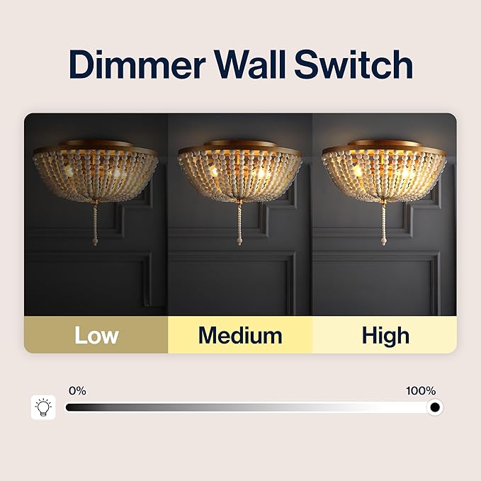 JONATHAN Y 15" Antique Gold/Cream Allison 3-Light LED Flush Mount Ceiling Light for Bedroom, Wood Beaded Shade Shabby Chic Farmhouse Rustic Decor, LED Bulbs Included (JYL9019A)