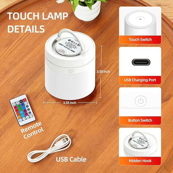 Portable Night Light for Kids, USB Rechargeable Small Desk Lamp,13 RGB Colors & 4 Brightness & 1 Remote, Touch Bedside Table Lamp for Nursery Bedroom Living Room Home (White)