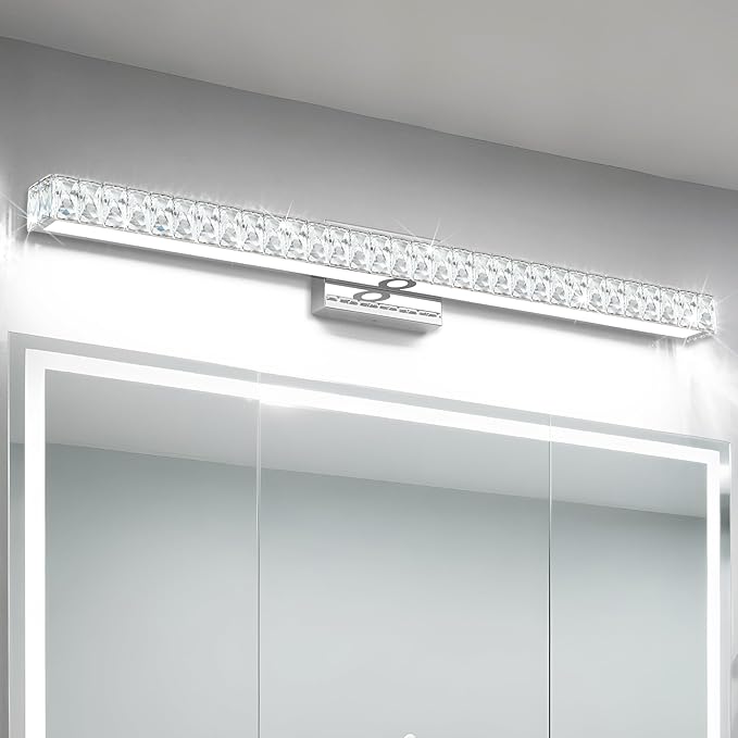 SOLFART LED Modern Bathroom Vanity Lights Over Mirror, Crystal Bathroom Light Fixtures, 40 Inch LED Chrome Vanity Light Wall Light