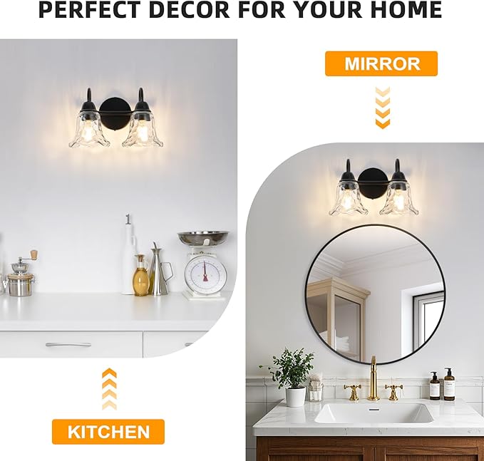 Bathroom Light Fixtures over Mirror, 2 Lights Vintage Wall Sconces with Hammered Glass Shade, 12.6" Matte Black Farmhouse Bathroom Wall Light Fixtures for Bedroom, Porch, Hotel, Mirror Cabinet