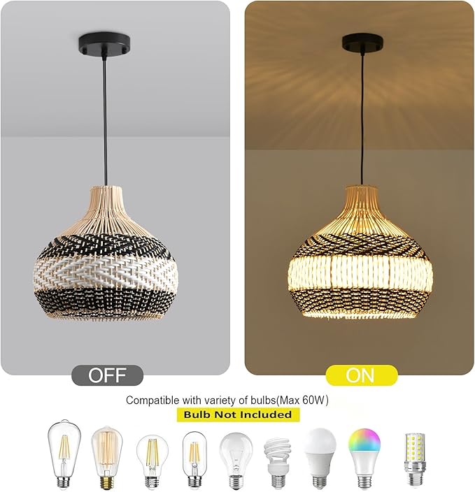 3-Light Rattan Pendant Light,1-Pack Hand-Woven Black White Faux Rattan Hanging Light 15" Boho Basket Wicker Chandelier for Living Room Bedroom Kitchen Dining Hallway