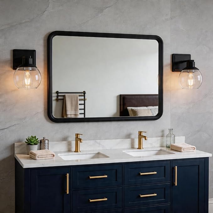Bathroom Sconces Set of 2, Black Wall Sconces Set of Two, Bathroom Vanity Light with Clear Glass Shade, Modern Wall Light Fixtures for Bath Mirror Hallway Bedroom Living Room, Hardwired, E26 Base