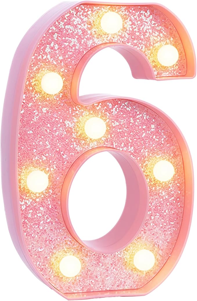 Pink Light Up Marquee Numbers, Glitter LED Number Lights Sign Battery Operated for Girls 6th Pink Birthday Party Table Decorations, 2026 Graduation Decor, 8 Inch Number 6 with Warm White Lights