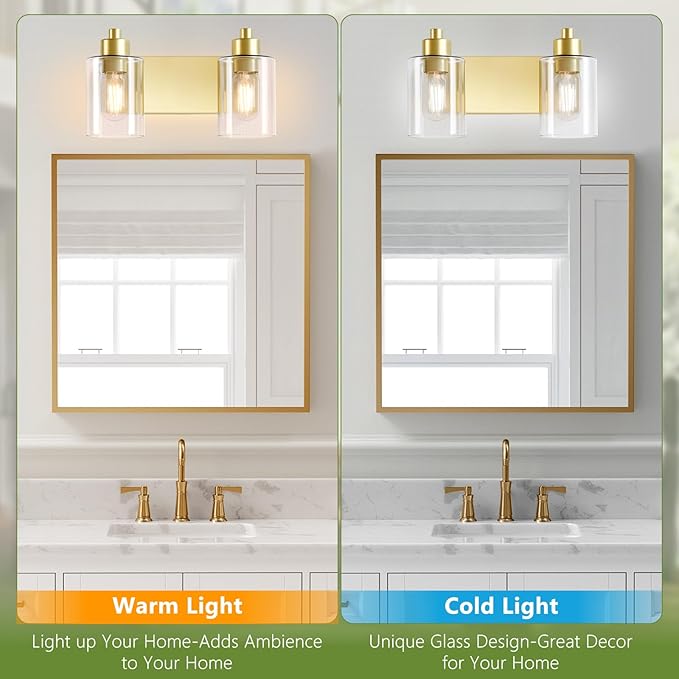 Dpyrrhic Gold Bathroom Light Fixtures,2-Light Bathroom Lights Over Mirror with Clear Glass Shade,Gold Light Fxiture Wall Sconces for Kitchen Living Room Bedroom