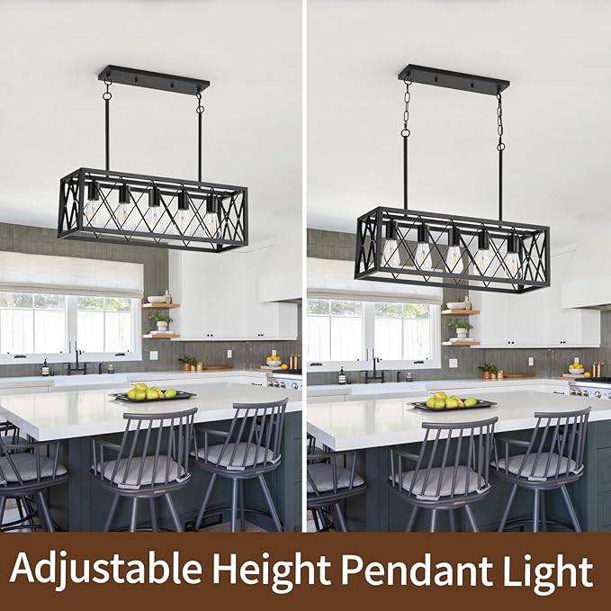 KEESFU Black Farmhouse Kitchen Island Lighting, 5 Lights Pendant Lighting Fixtures, Adjustable Height, Industrial Dining Room Light for Living Room Foyer Dining Table Over Sink.