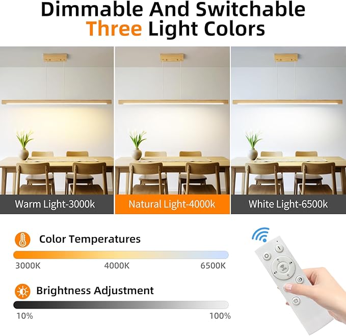 Modern Wooden Pendant Light, 47IN White Ash Wood Chandelier with Remote Control 3000k-6500K Adjustable Color Temperature，Aluminum Island Lighting Lamp for Dining Room, Living Room B