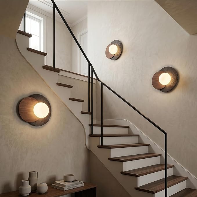 Natural Travertine Wall Sconce, Minimalist Walnut & Stone Wall Light with G9 LED Bulb, Modern Geometric Globe Wall Lamp for Bedroom Bedside, Hallway, Living Room, Warm Organic Decor