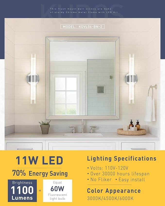 kudos Brushed Nickel Modern Sconces Wall Lighting, Bathroom sconces Set of 2 with Clear Glass and Frosted Glass, Modern LED Vanity Light for Bathroom, 3000K/4500K/6000K Adjustable,KDVL06-BN-2-2PK