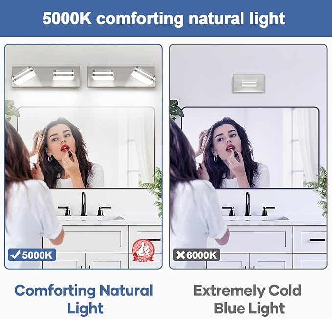360° Rotate 2-Light LED Bathroom Vanity Light Fixtures, 900LM Acrylic Brushed Nickel Vanity Lights for Bathroom, Modern Wall Lighting Fixtures Over Mirror Kitchen Living (Natural White Light 5000K)